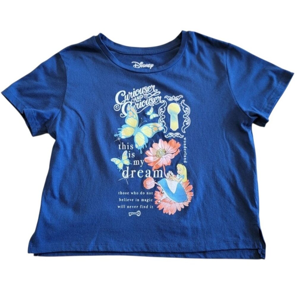 Disney Alice in Wonderland Top Graphic Tee Shirt Juniors Sz M Blue Dream